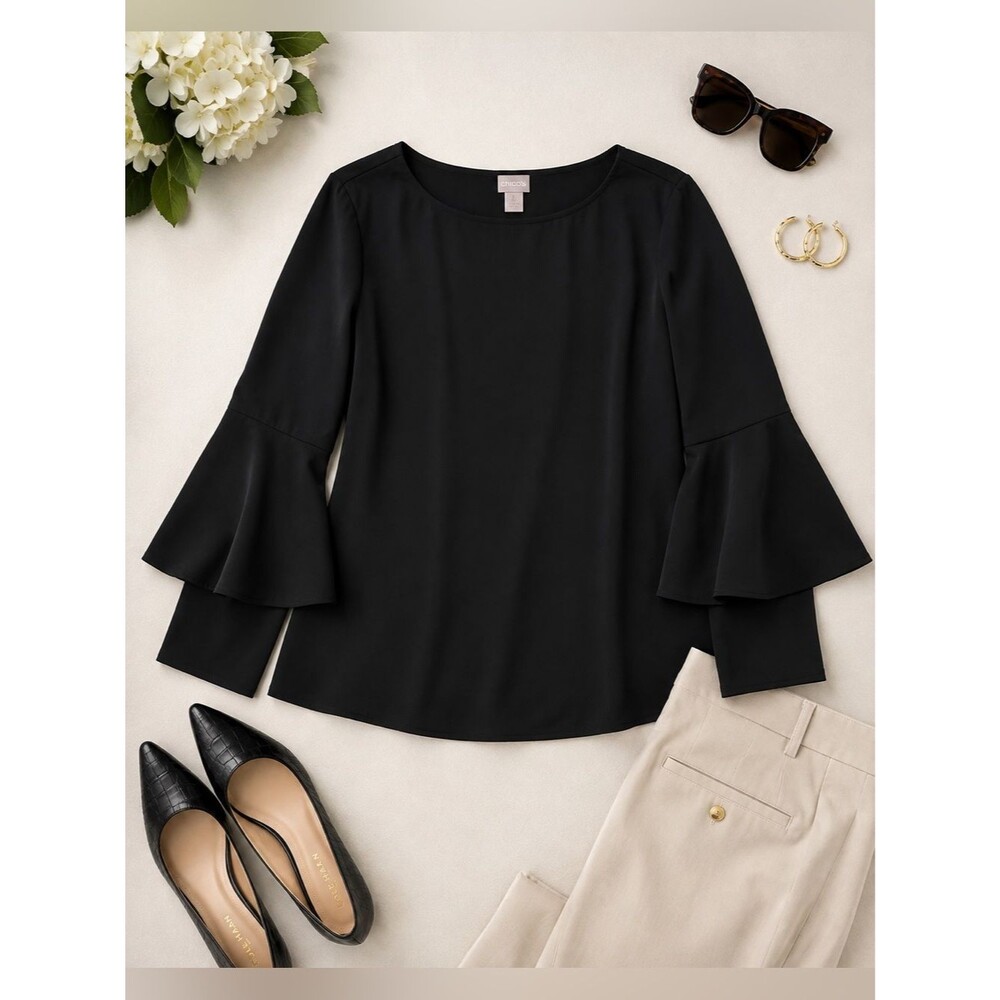 Chico’s Black Bell Sleeve Blouse 2 (US 12/14) Career Office Evening Top Relaxed